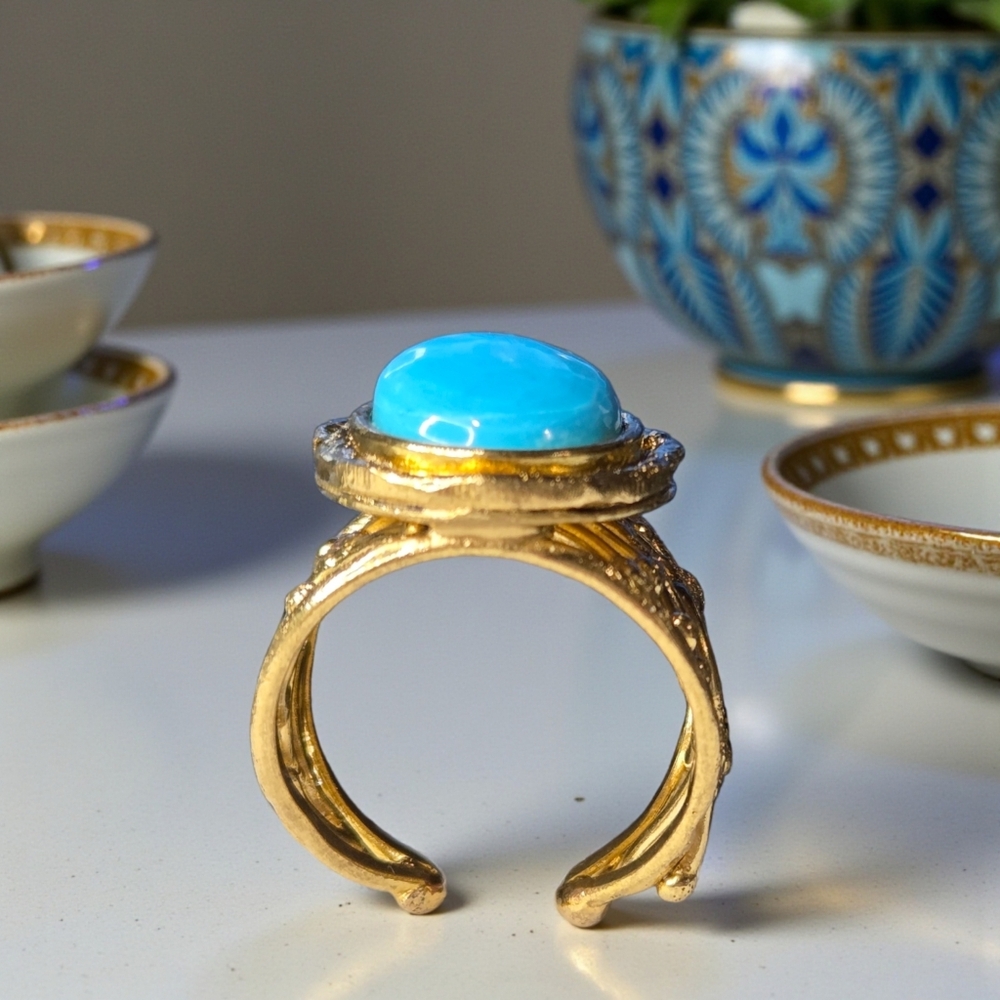 18k Gold Plated Artisan Genuine Turquoise Flower Branch Wide Band Ring - Picture 3 of 6